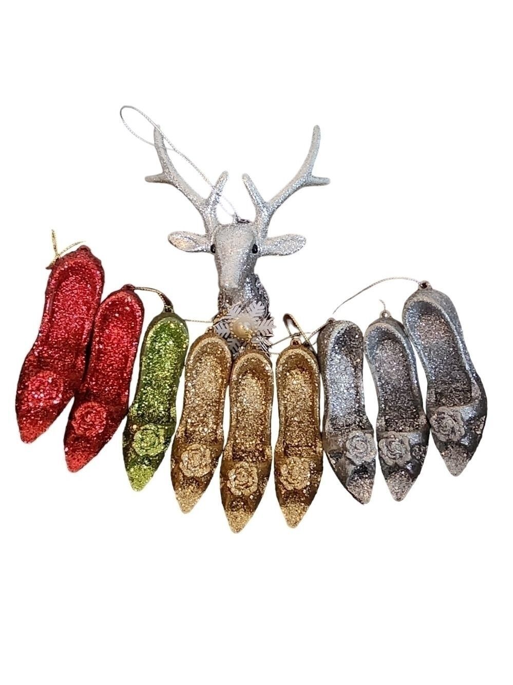 Lot of 10 glitter resin ornaments high heel shoes & Deer